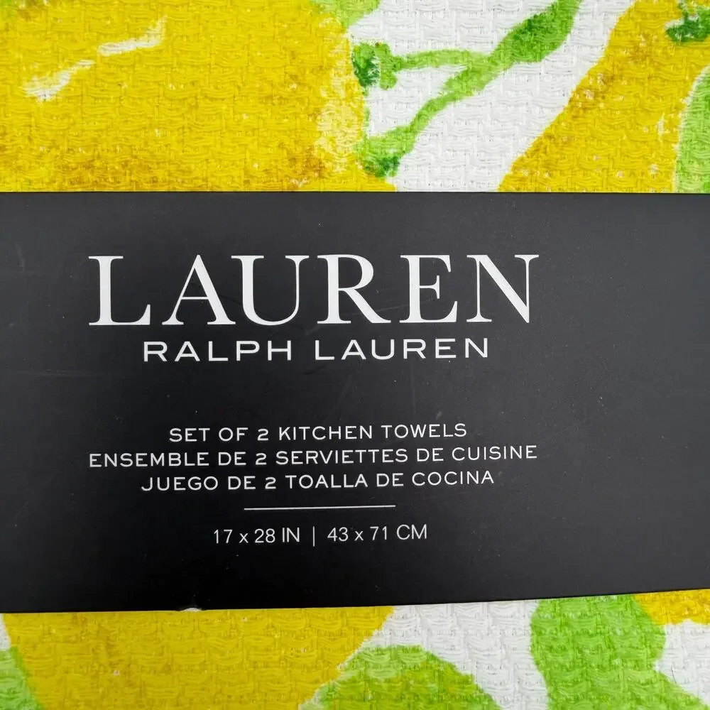 Lauren Ralph Lauren Kitchen Towels White Yellow Lemons Set of 2 Cotton 17x28 NWT